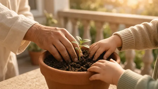 A parent's hands and two children's hands planting a seedling in a terracotta pot in warm golden light
