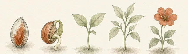 Watercolor of five growth stages: a seed, a sprouting seed, a seedling, a young plant and a flowering plant
